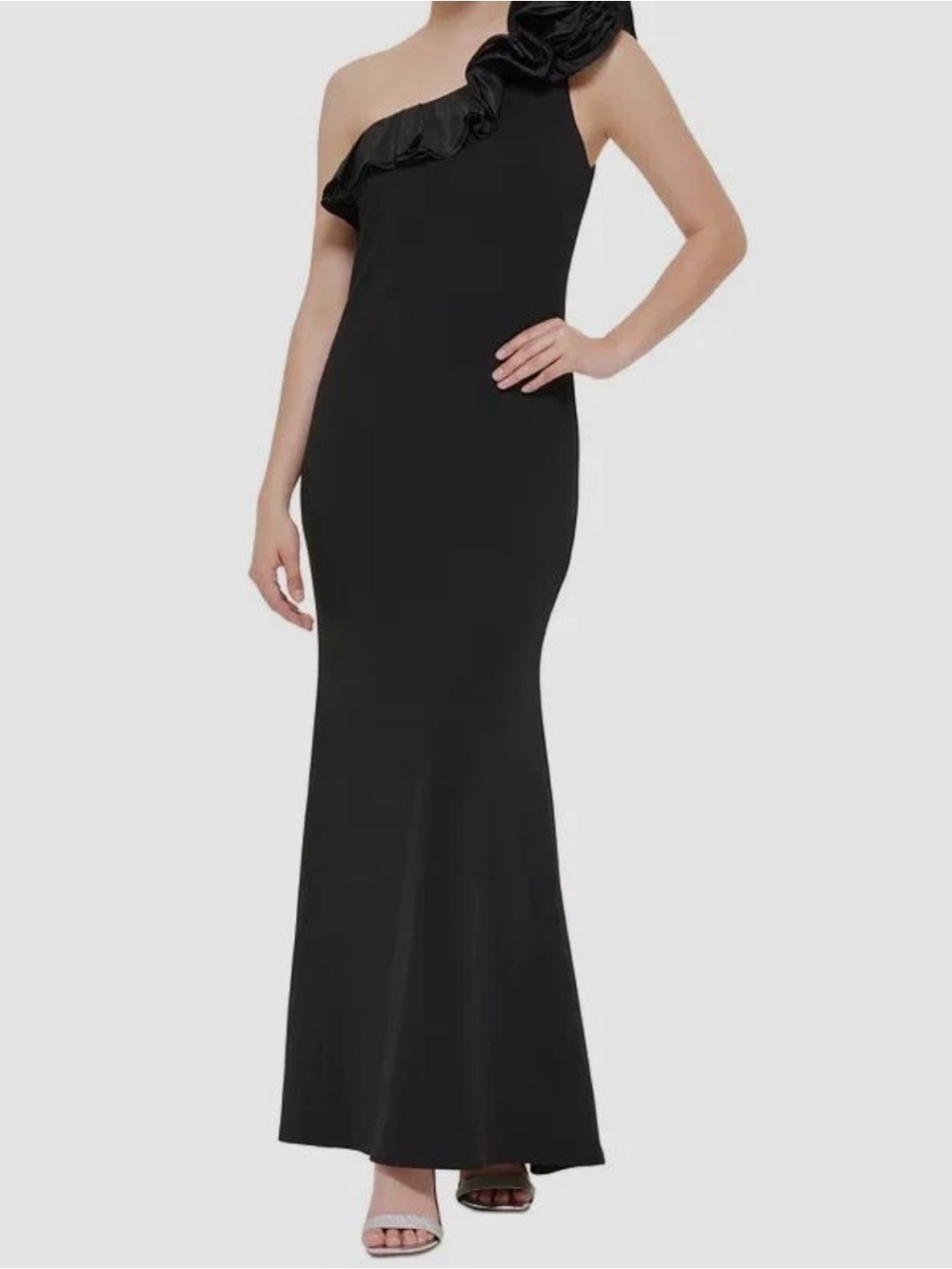 Jessica Howard One-Shoulder Black Ruffle Evening Gown 6